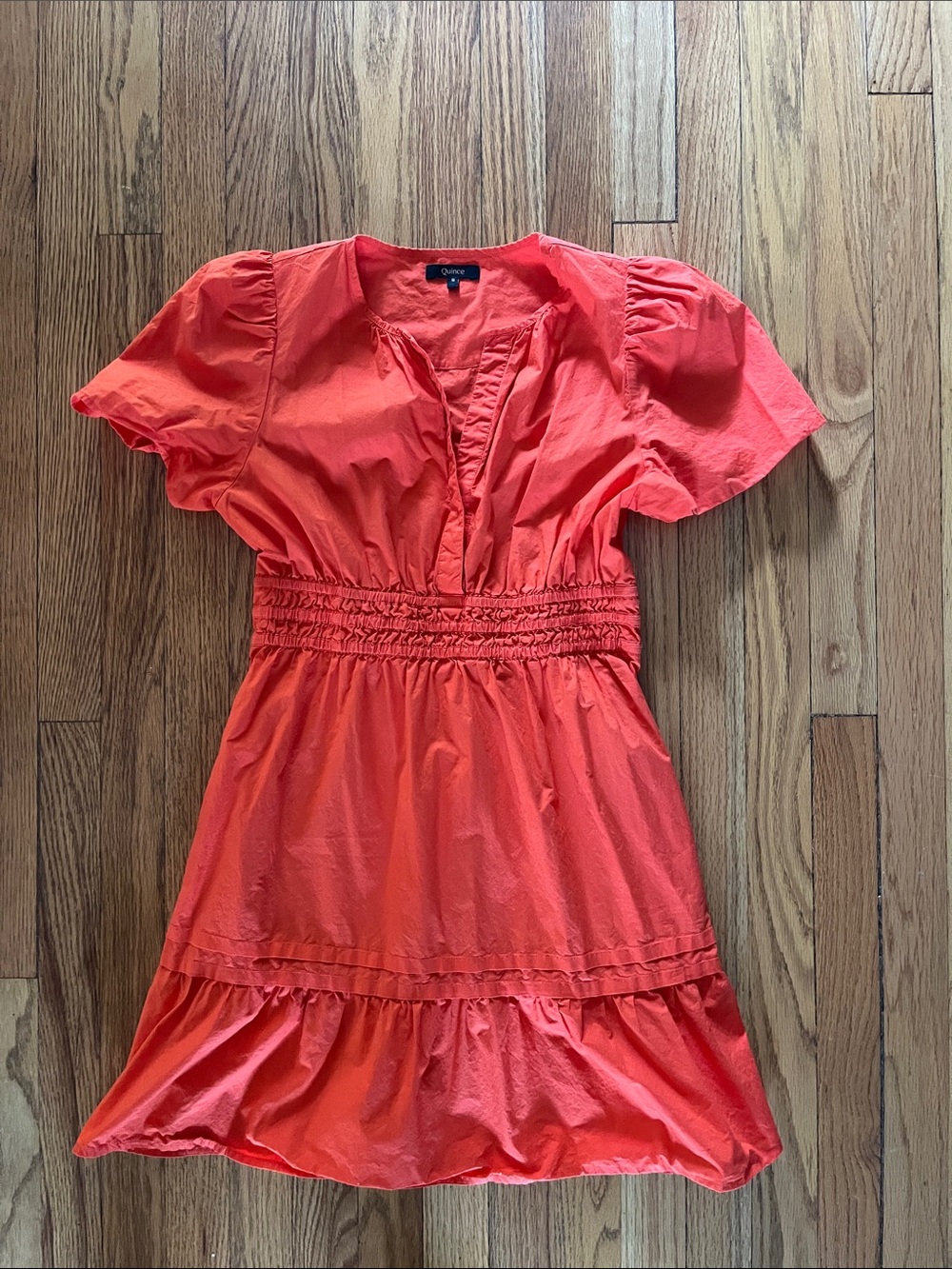 Quince Vermilion Red Short Sleeve Smocked Waist Mini Dress Sz S